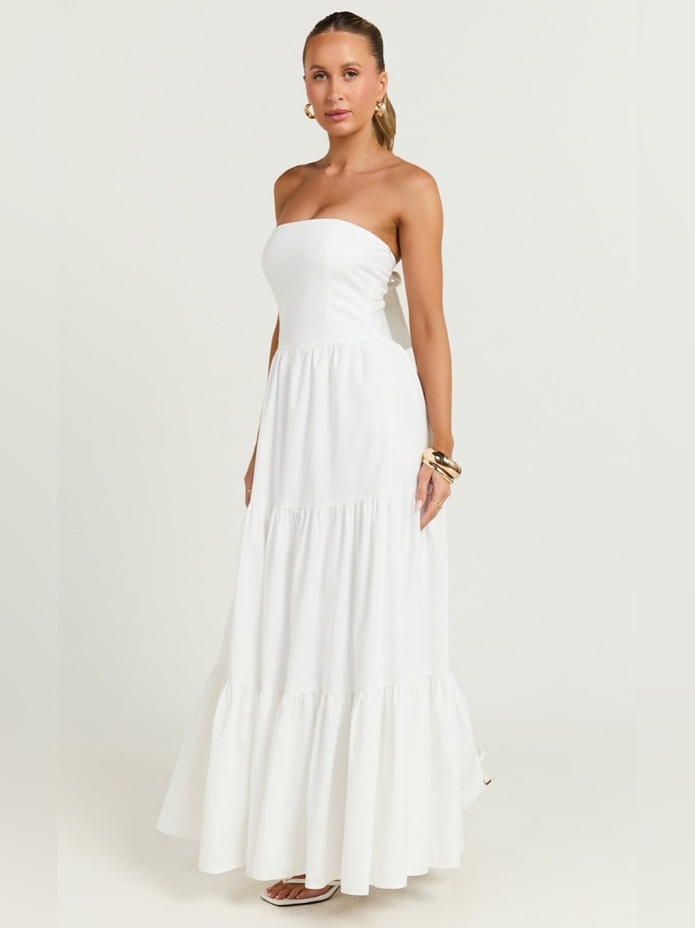 SHOWPO Trish Strapless Tiered Maxi Dress In White - Picture 2 of 7